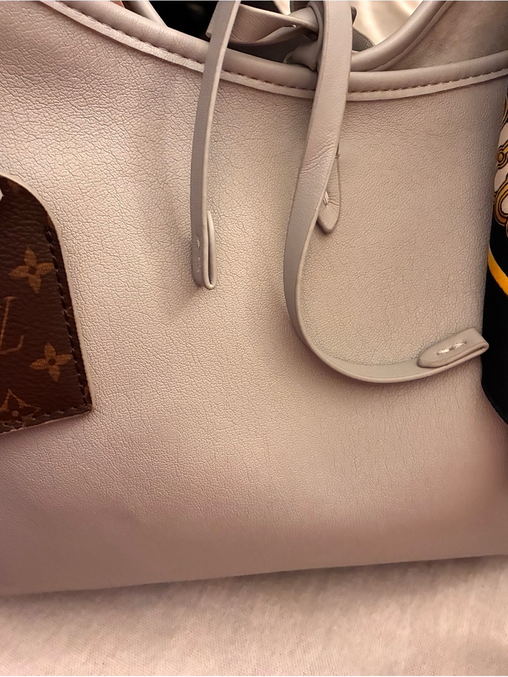 Louis Vuitton grey Bag with Tie-Top Detail and scarf